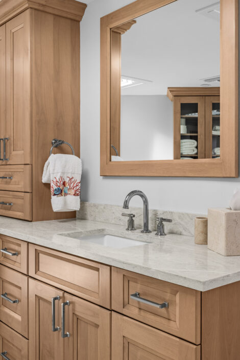 0S3A0153 Wood vanity with quartz countertop, framed mirror and linen cabinet